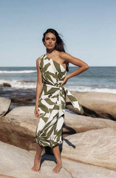 Petal And Pup Zara Print One-shoulder Midi Dress In Olive Palm