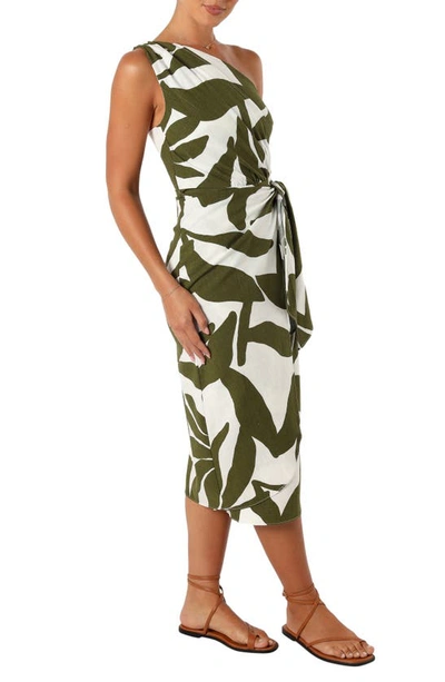 Petal And Pup Zara Print One-shoulder Midi Dress In Olive Palm