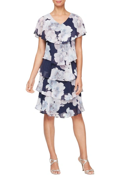 Shop Sl Fashions Floral Metallic Stripe Tiered Cocktail Dress In Navy Multi