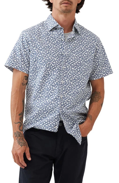 Shop Rodd & Gunn Bolton Street Sports Fit Floral Short Sleeve Cotton Button-up Shirt In True Navy