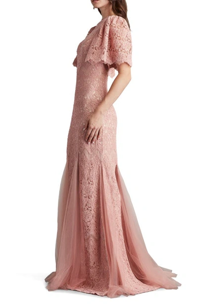 Shop Tadashi Shoji Flutter Sleeve Corded Lace Trumpet Gown In Antique Pink