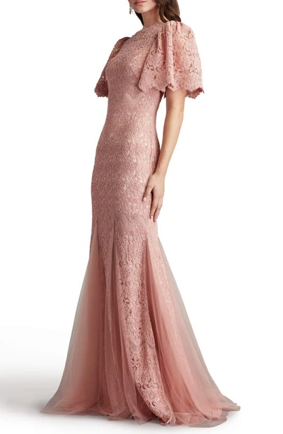 Shop Tadashi Shoji Flutter Sleeve Corded Lace Trumpet Gown In Antique Pink
