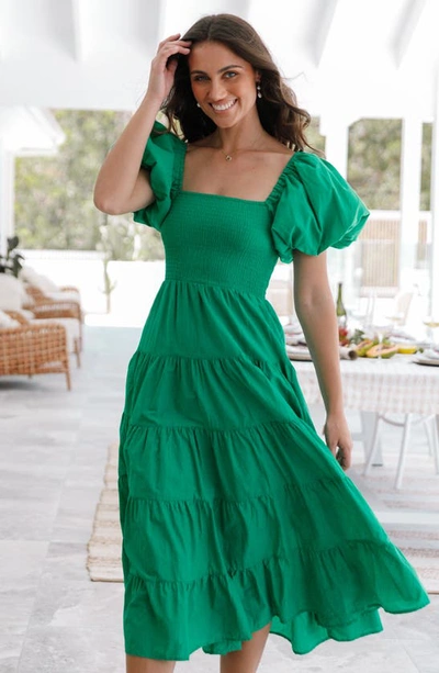 Petal And Pup Annette Puff Sleeve Midi A-line Dress In Green