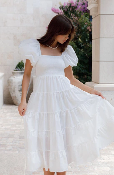 Petal And Pup Womens Annette Puff Sleeve Shirred Midi Dress In White
