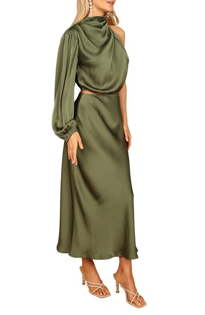 Shop Petal And Pup Petal & Pup Amelie Cutout Single Long Sleeve Satin Maxi Dress In Olive
