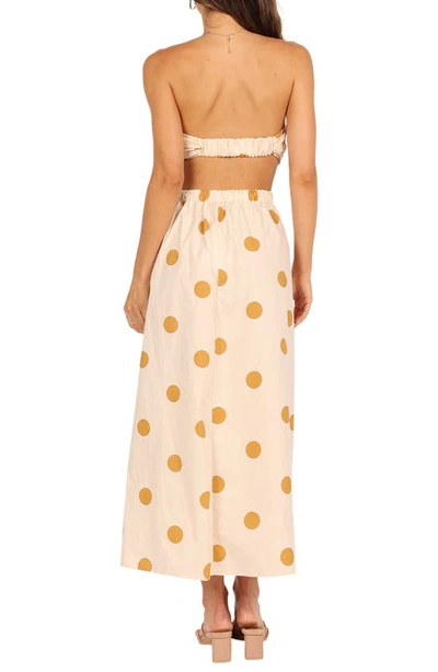 Petal And Pup Angelique Polka Dot Strapless Open Back Maxi Dress In Beige Spot
