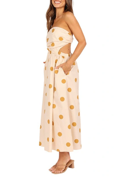 Petal And Pup Angelique Polka Dot Strapless Open Back Maxi Dress In Beige Spot