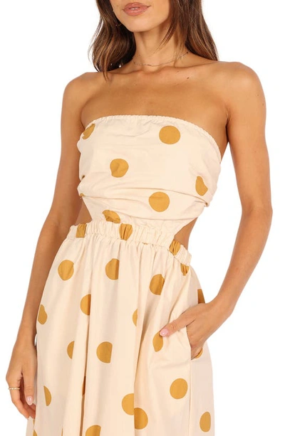 Petal And Pup Angelique Polka Dot Strapless Open Back Maxi Dress In Beige Spot