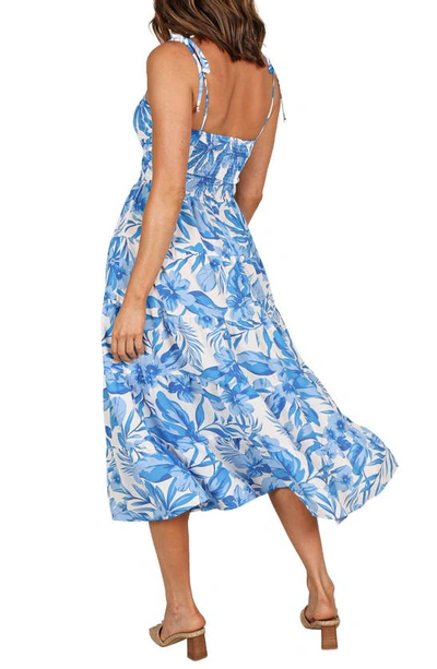 Petal And Pup Rose Floral Tie Strap Tiered Midi Dress In Blue/ White