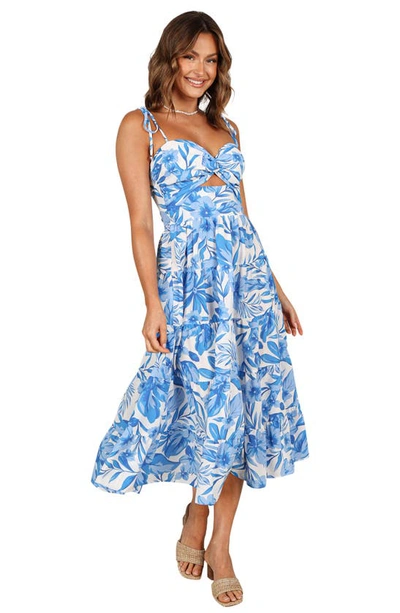 Petal And Pup Rose Floral Tie Strap Tiered Midi Dress In Blue/ White