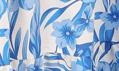 Petal And Pup Rose Floral Tie Strap Tiered Midi Dress In Blue/ White