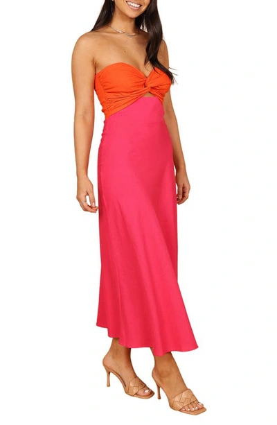 Petal And Pup Rosetta Strapless Linen Blend Maxi Dress In Fuchsia/ Orange