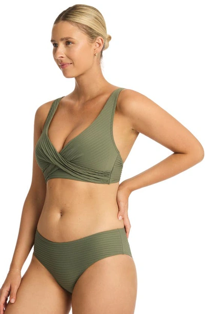 Shop Sea Level Cross Front Multifit Bikini Top In Khaki