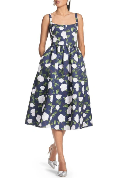 Shop Sachin & Babi Olena Floral Mikado Midi Cocktail Dress In Navy Ivory Moonlit Garden