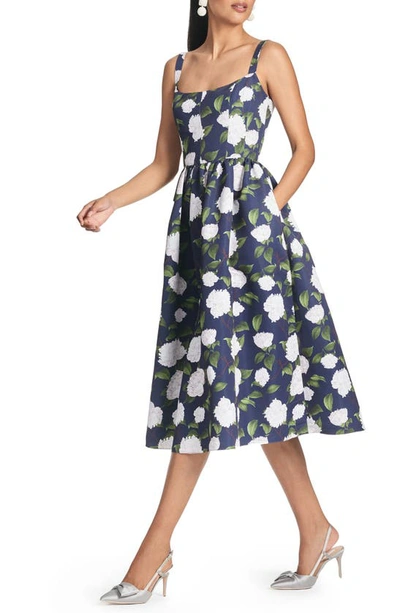 Shop Sachin & Babi Olena Floral Mikado Midi Cocktail Dress In Navy Ivory Moonlit Garden