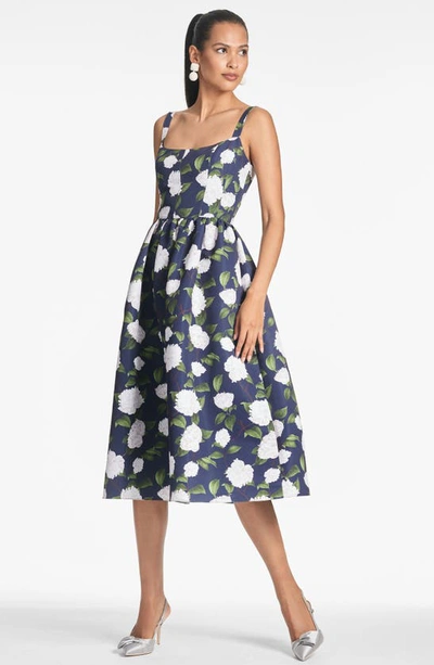 Shop Sachin & Babi Olena Floral Mikado Midi Cocktail Dress In Navy Ivory Moonlit Garden