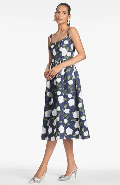 Shop Sachin & Babi Olena Floral Mikado Midi Cocktail Dress In Navy Ivory Moonlit Garden