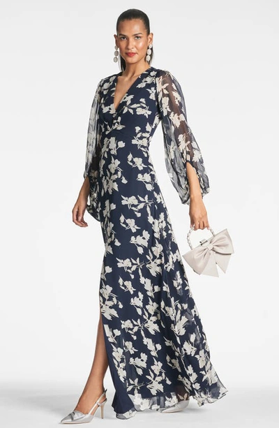 Shop Sachin & Babi Jenny Floral Balloon Sleeve Gown In Navy Venetia Petal