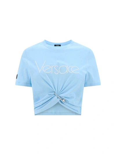 Shop Versace T-shirts In Pale Blue+bianco