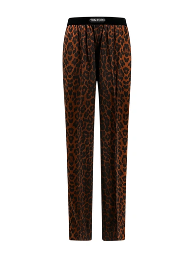 Shop Tom Ford Stretch Silk Trousers With Animal Print In Nude & Neutrals