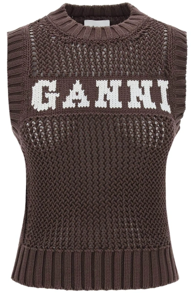 Shop Ganni Open Stitch Knitted Vest With Logo