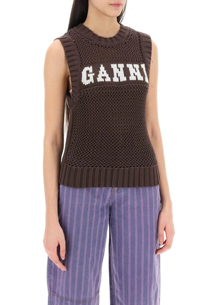 Shop Ganni Open Stitch Knitted Vest With Logo