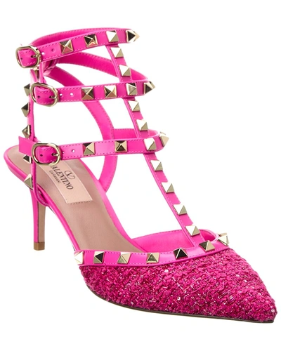 Shop Valentino Rockstud Caged 65 Leather & Tweed Ankle Strap Pump In Pink