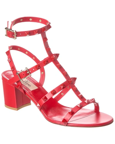 Shop Valentino Rockstud Caged 60 Leather Ankle Strap Sandal In Red