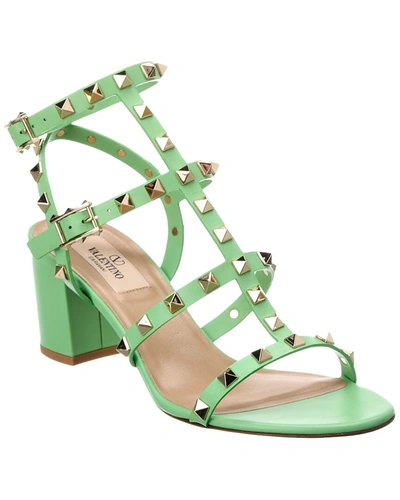 Shop Valentino Rockstud Caged 60 Leather Ankle Strap Sandal In Green