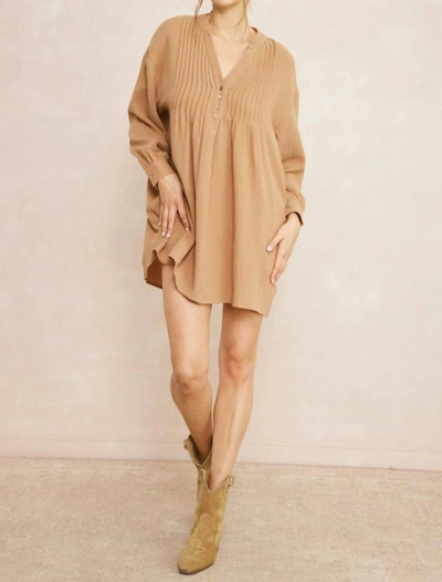 Shop Entro Solid Textured Long Sleeve Dress In Camel In Brown