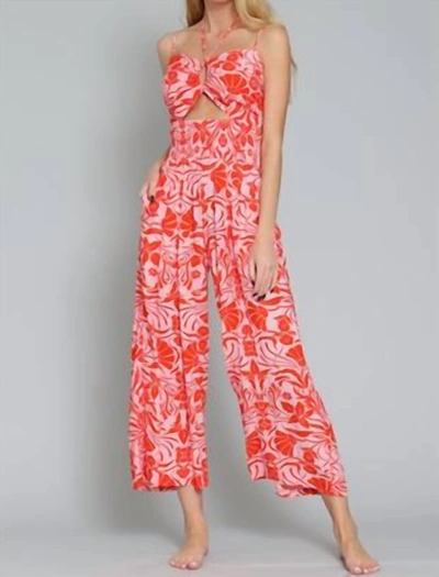 Shop Aakaa The Santorini Floral Print Jumpsuit In Pink & Coral In Multi
