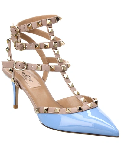 Shop Valentino Rockstud Caged 65 Patent Ankle Strap Pump In Blue