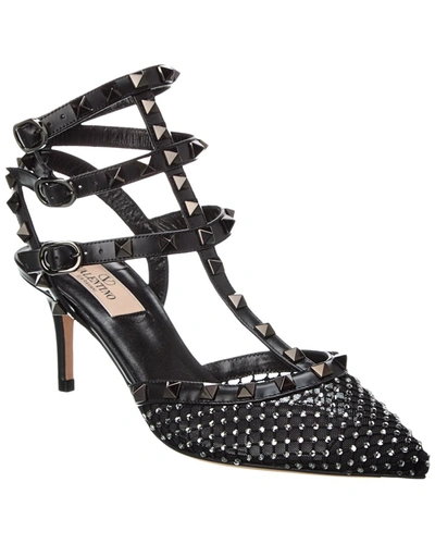 Shop Valentino Rockstud Caged 65 Mesh & Leather Ankle Strap Pump In Black