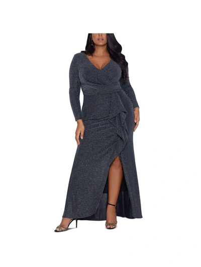 Shop Betsy & Adam Plus Womens Metallic Ruffled Evening Dress In Grey