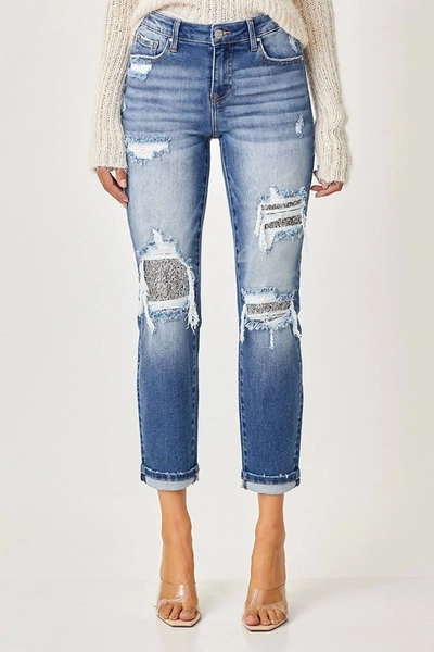 Shop Risen Mid-rise Sequins Patched Jeans In Medium Wash In Blue