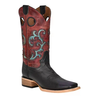Shop Corral Ladies Shaft And Turquoise Inlay Square Toe Cowboy Boot In Black/red In Blue