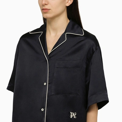 Shop Palm Angels Navy Blue Linen Blend Shirt