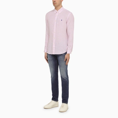 Shop Polo Ralph Lauren Custom Fit Oxford Pink/white Linen Shirt
