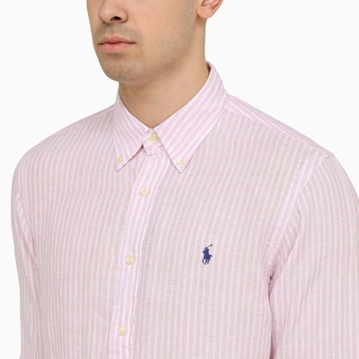 Shop Polo Ralph Lauren Custom Fit Oxford Pink/white Linen Shirt