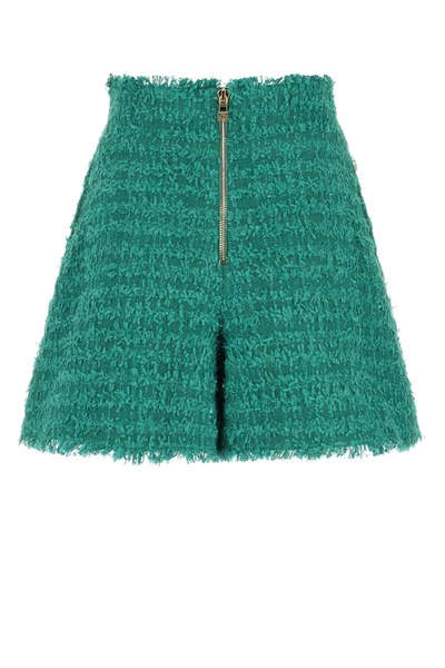 Shop Balmain Green Shorts High Waist With Pinces And Fringed Hem In Tweed Woman