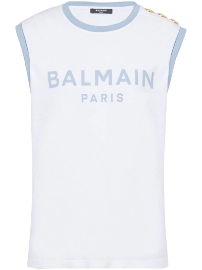 Balmain Tank Top With Shoulder Buttons And Contrast Trim In Blancbleu