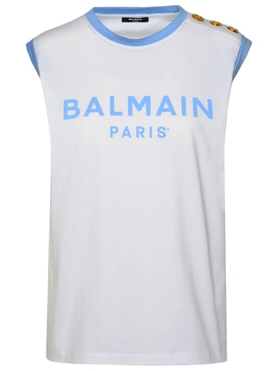 Balmain Tank Top With Shoulder Buttons And Contrast Trim In Blancbleu