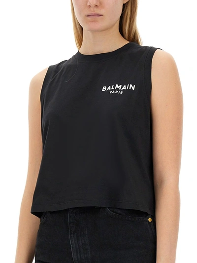 Shop Balmain Tank Top With Logo In Noir/blanc