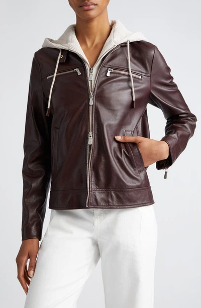 Shop Eleventy Leather Biker Jacket With Removable Hooded Bib In Cookie