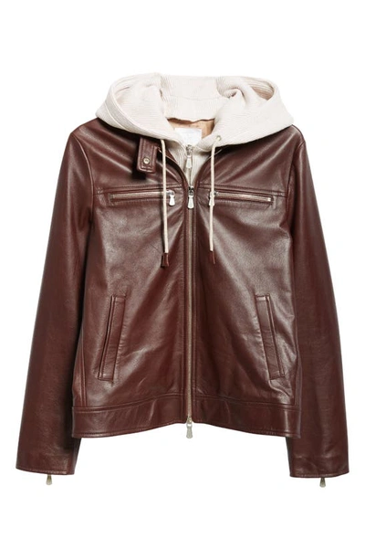 Shop Eleventy Leather Biker Jacket With Removable Hooded Bib In Cookie