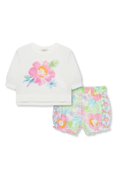 Shop Peek Essentials Watercolor Floral Graphic Top & Print Shorts Set In Off-white