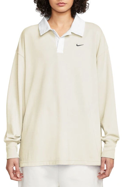 Shop Nike Sportswear Essentials Oversize Long Sleeve Polo In Sail/ Black