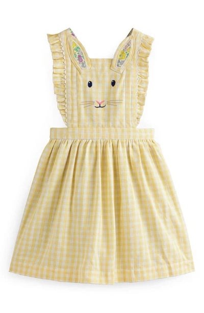 Shop Mini Boden Kids' Bunny Embroidered Gingham Pinafore Dress In Honey / Ivory Stripe Bunny