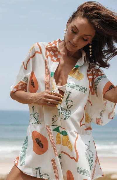 Petal And Pup Sebastian Fruit Print Romper In White Orange