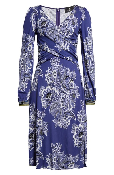 Shop Etro Floral Wrap Bodice Long Sleeve Dress In Print On Blue Base